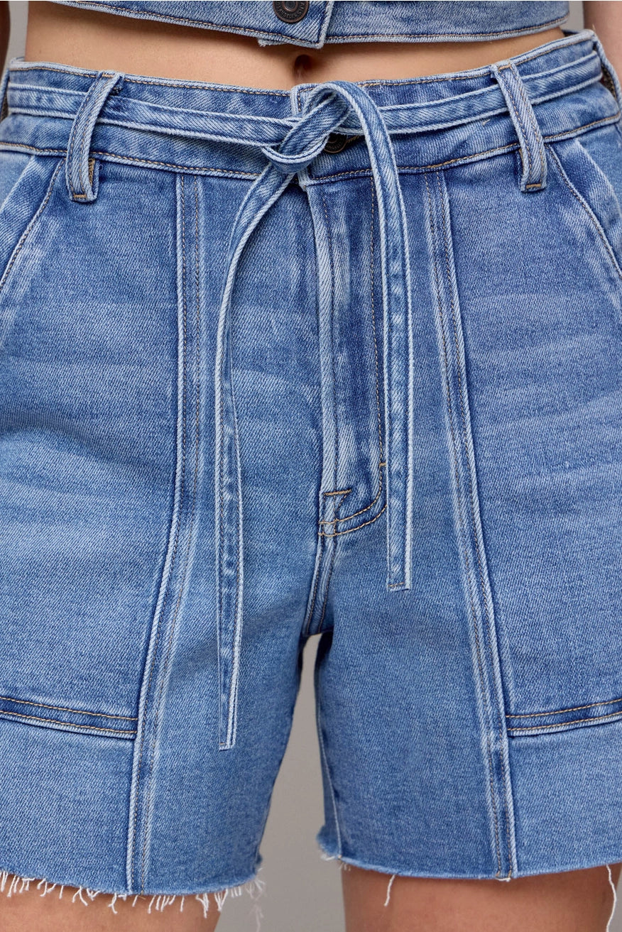 Tie-Waist Utility Denim Shorts