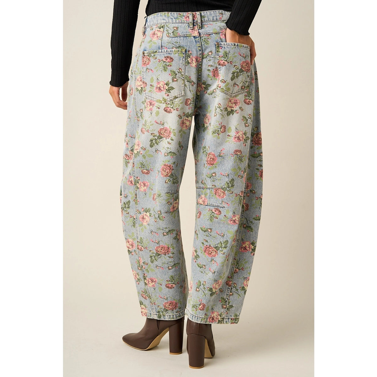 Floral Print Barrel Jeans
