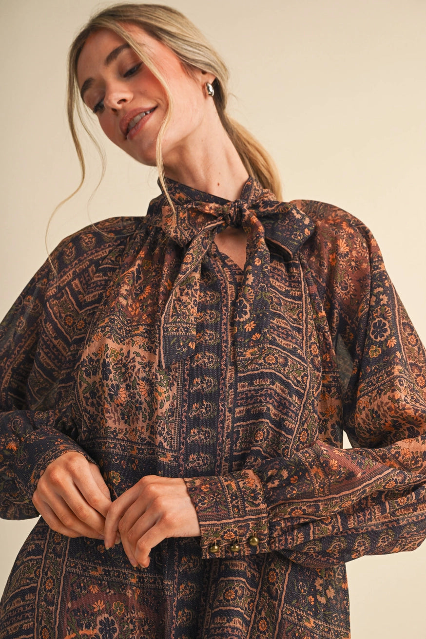 Paisley Tie-Neck Mini Dress
