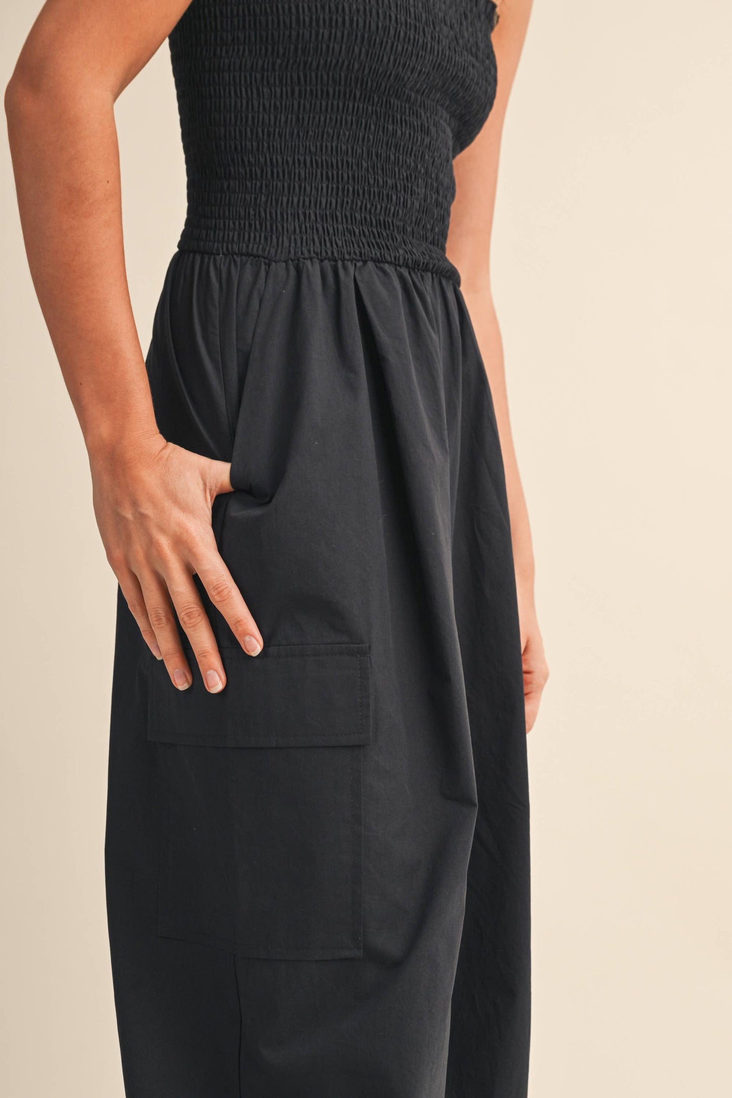 IJP3359 SMOCKED TOP WITH WIDE LEG CARGO JUMPSUIT