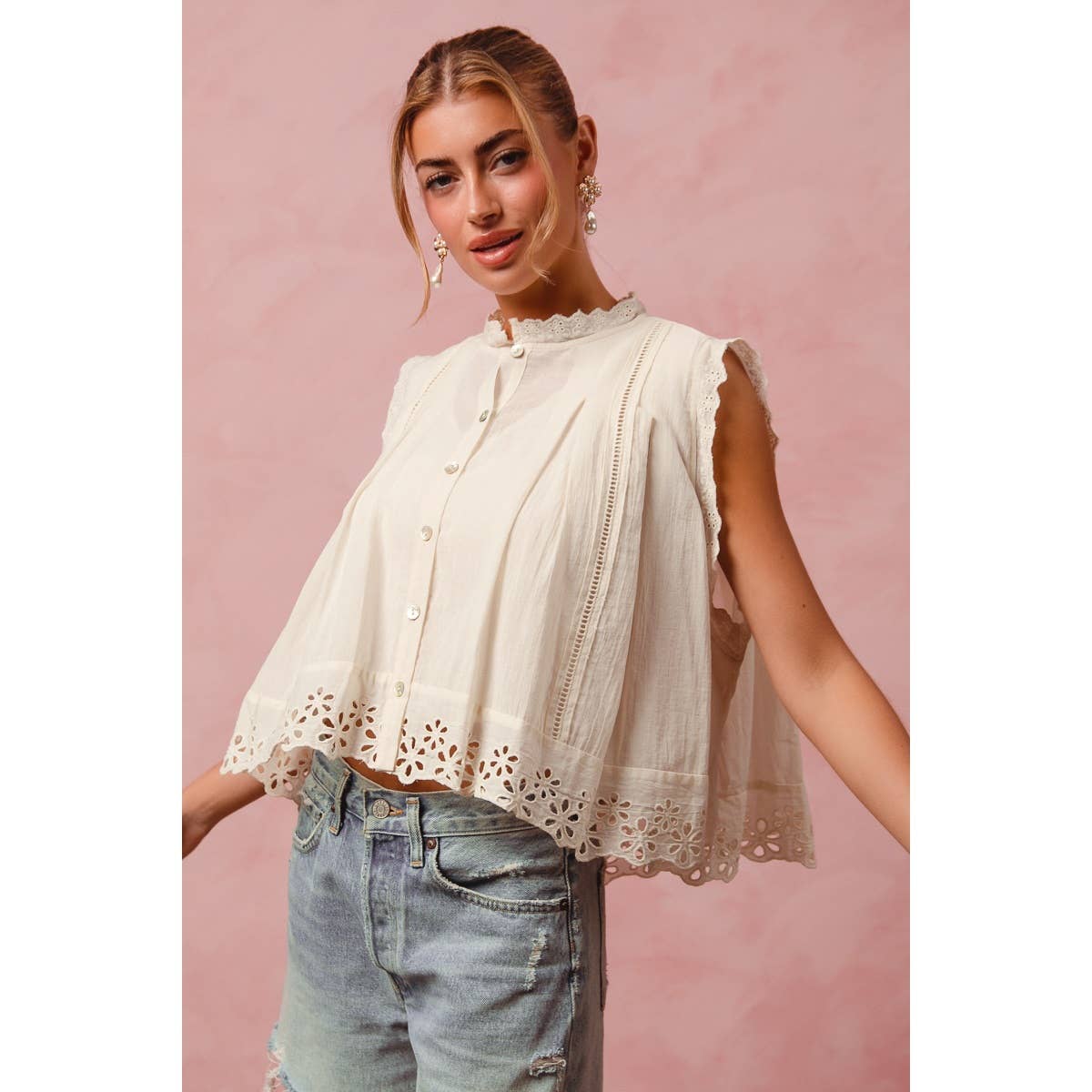 BUTTON UP FRONT PLEATED SLEEVELESS BLOUSE TOP