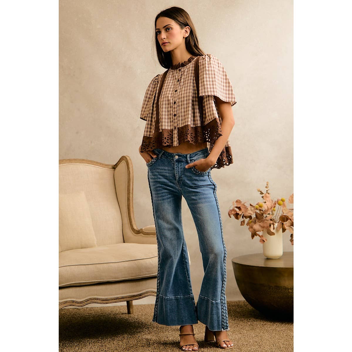 COTTON CHECK LACE TRIM FLUTTER SLEEVES BLOUSE TOP