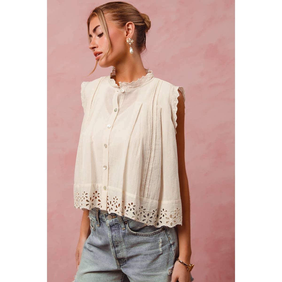 BUTTON UP FRONT PLEATED SLEEVELESS BLOUSE TOP
