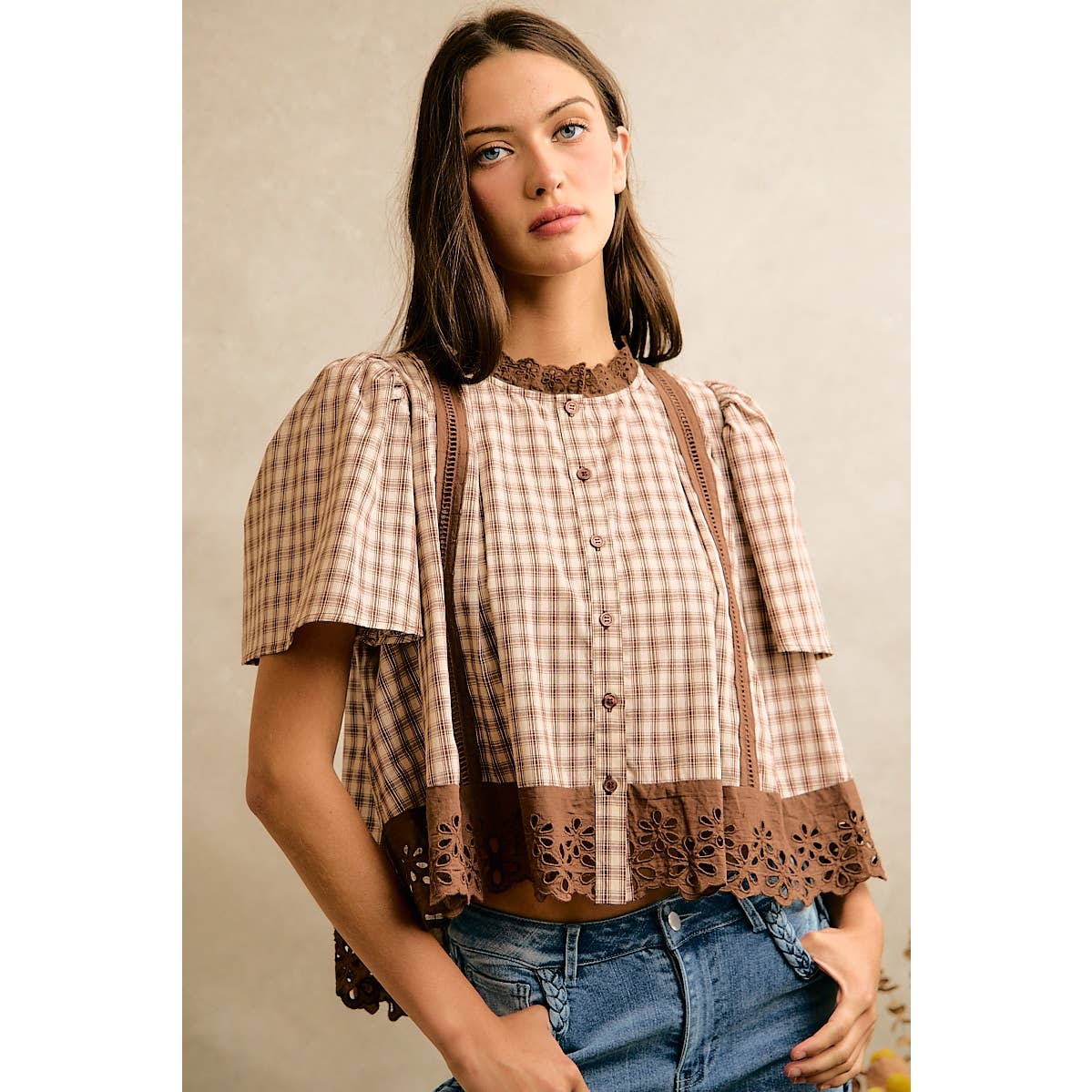 COTTON CHECK LACE TRIM FLUTTER SLEEVES BLOUSE TOP