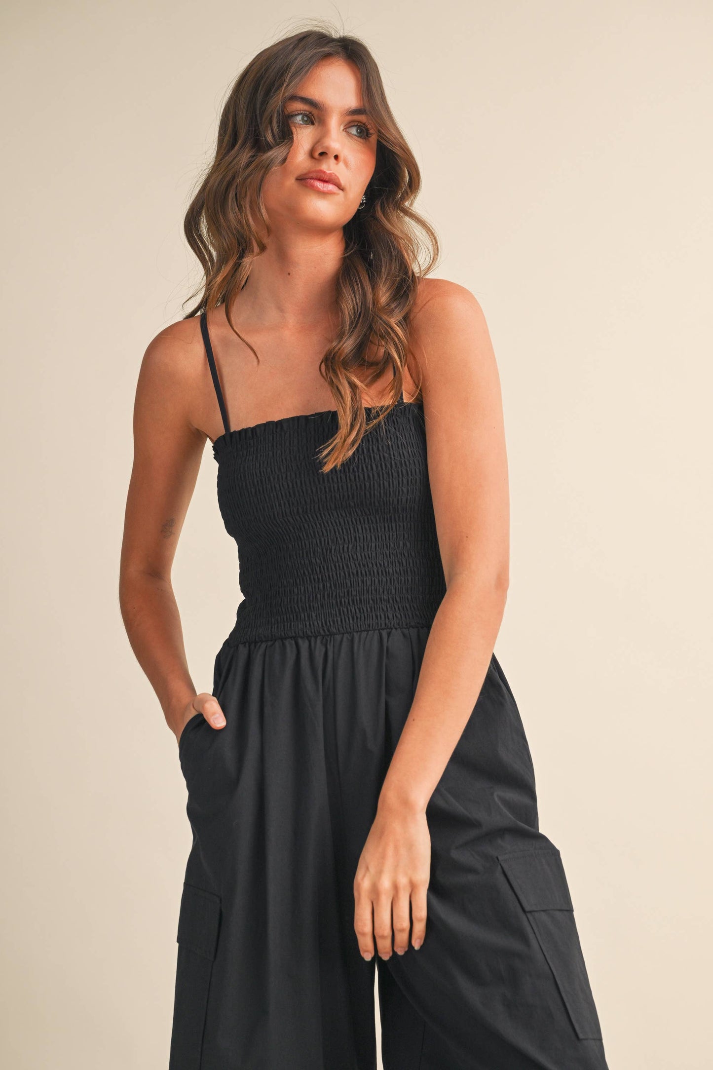 IJP3359 SMOCKED TOP WITH WIDE LEG CARGO JUMPSUIT