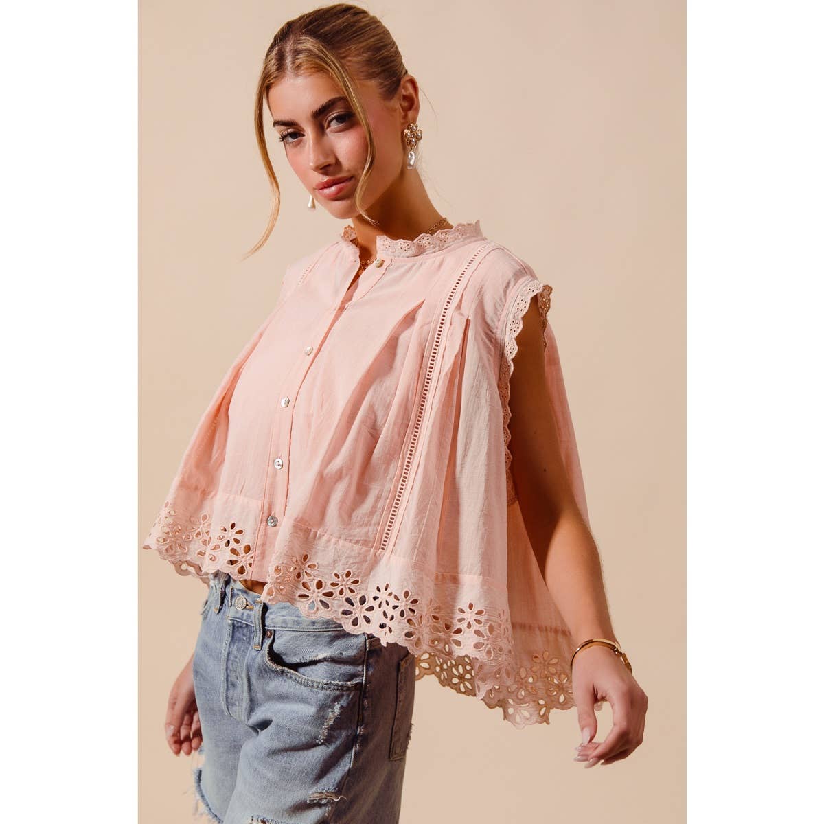 BUTTON UP FRONT PLEATED SLEEVELESS BLOUSE TOP