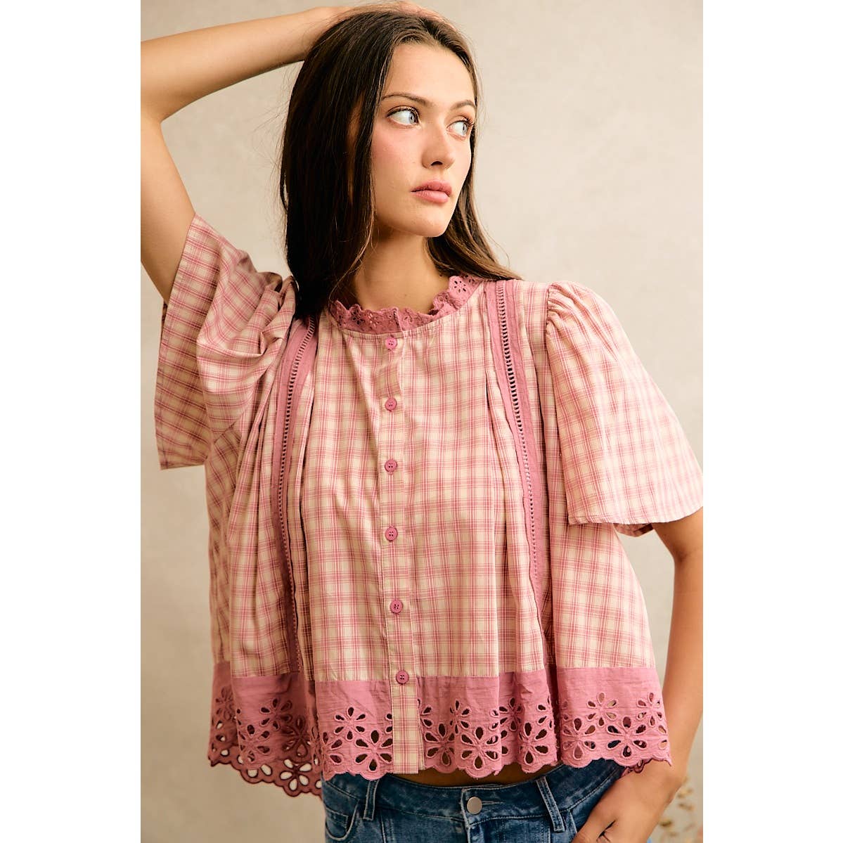 COTTON CHECK LACE TRIM FLUTTER SLEEVES BLOUSE TOP
