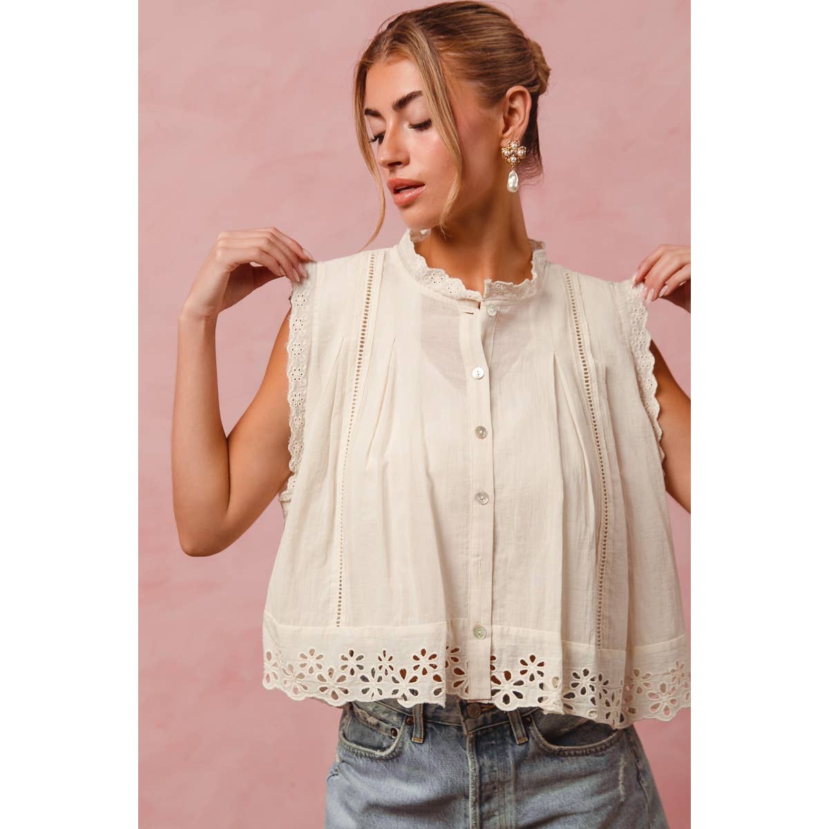 BUTTON UP FRONT PLEATED SLEEVELESS BLOUSE TOP