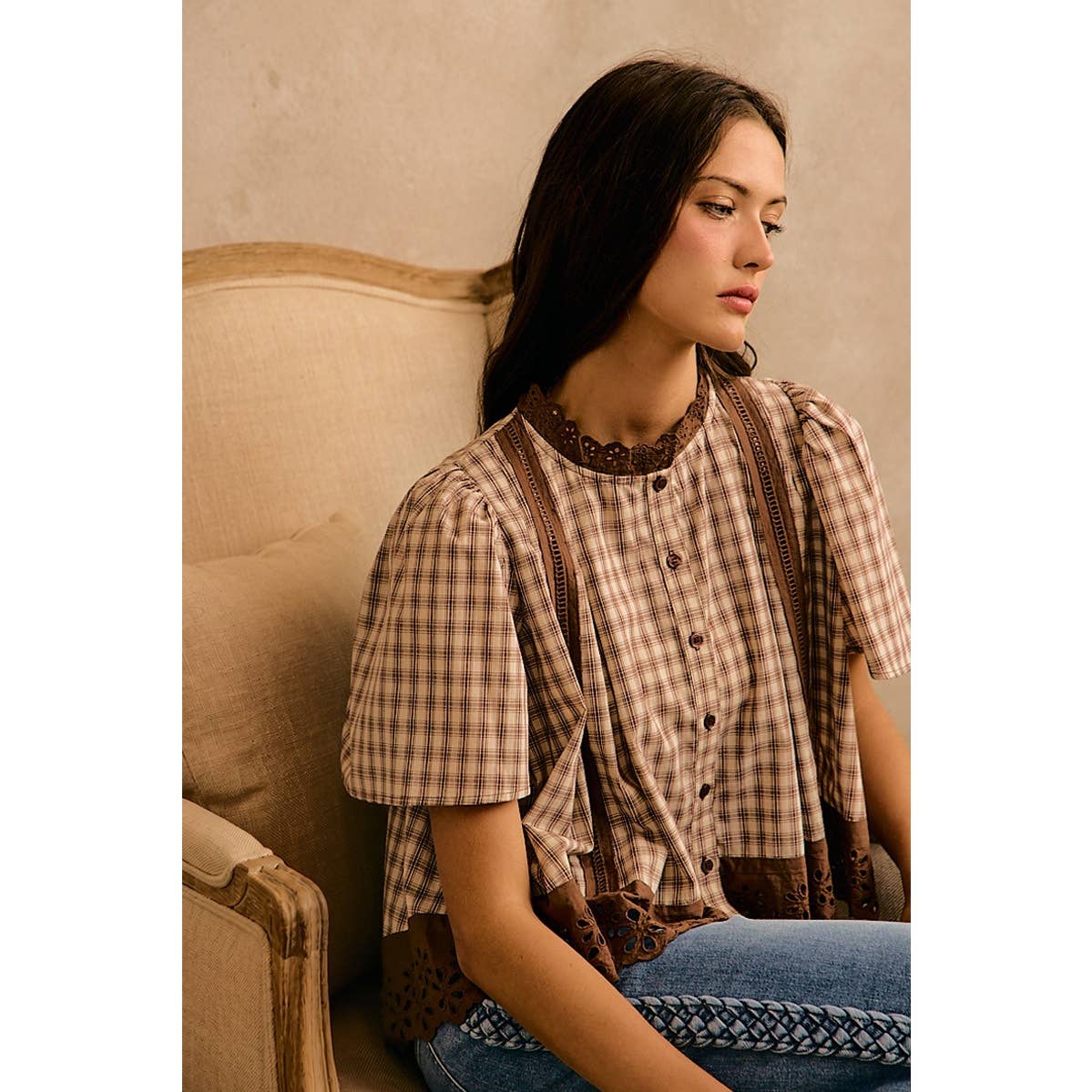 COTTON CHECK LACE TRIM FLUTTER SLEEVES BLOUSE TOP
