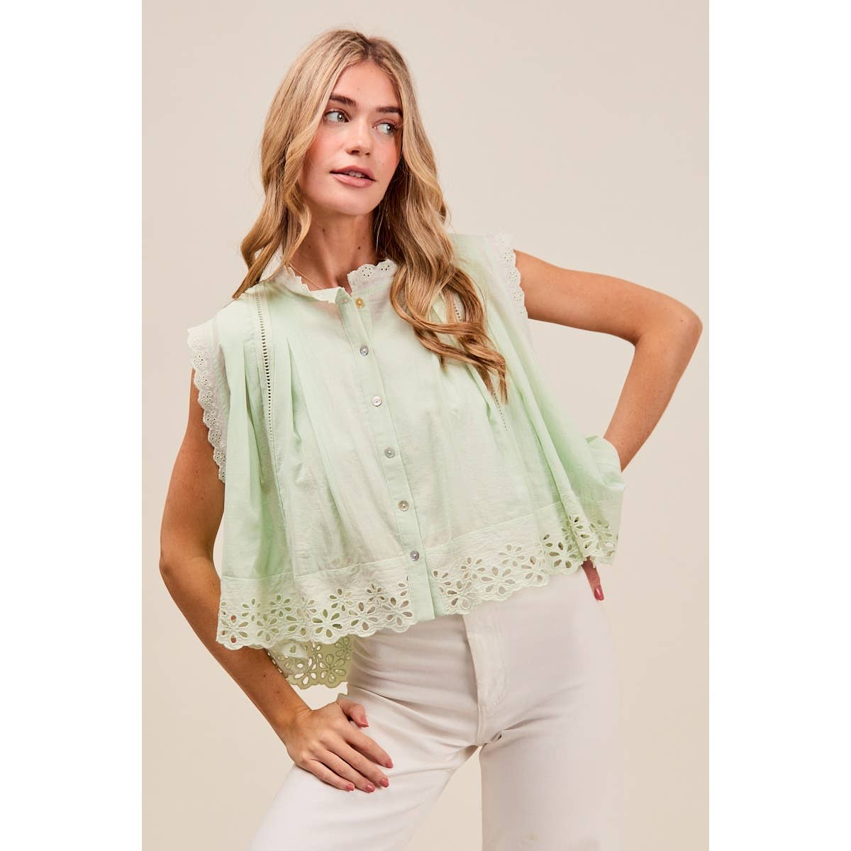 BUTTON UP FRONT PLEATED SLEEVELESS BLOUSE TOP