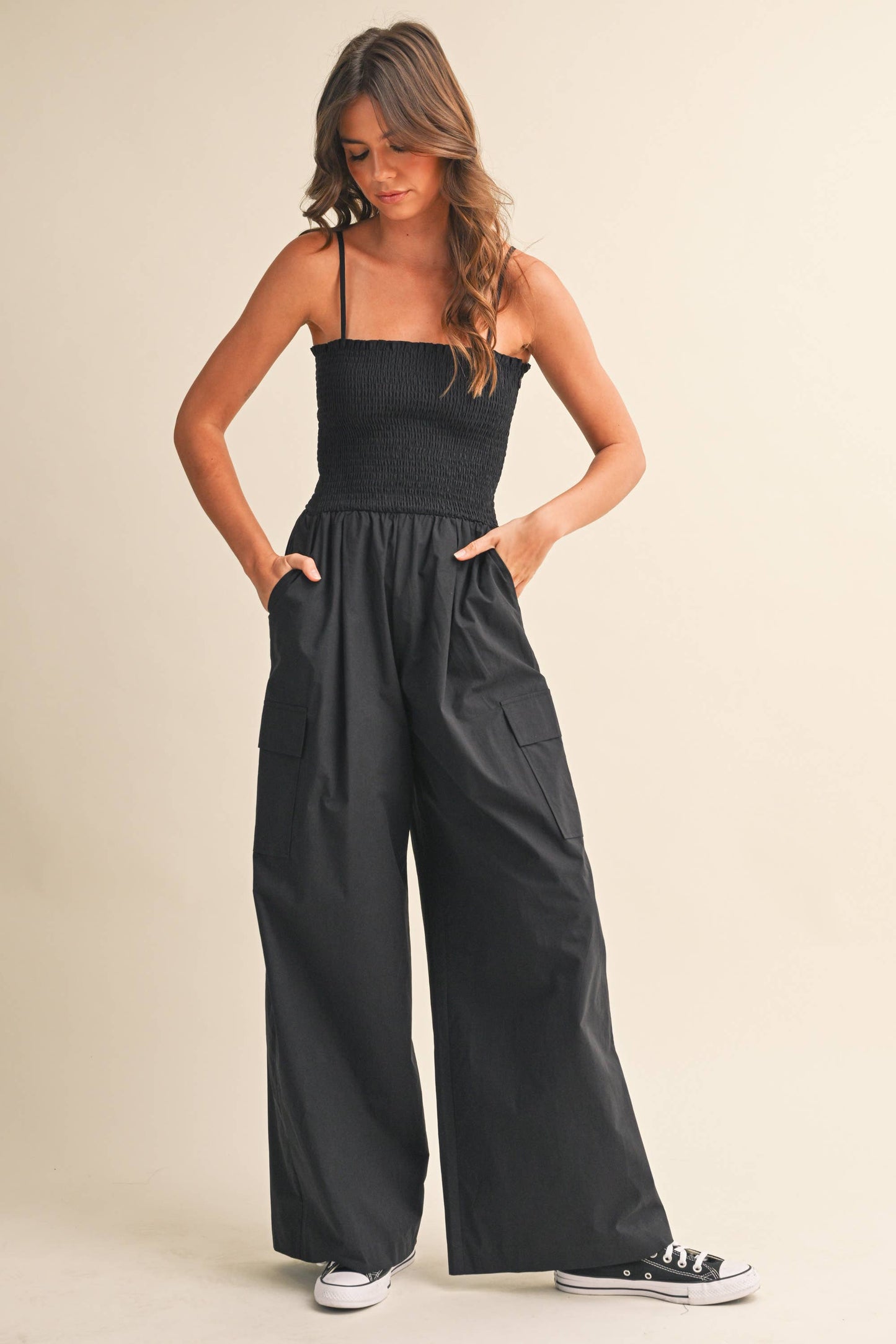 IJP3359 SMOCKED TOP WITH WIDE LEG CARGO JUMPSUIT