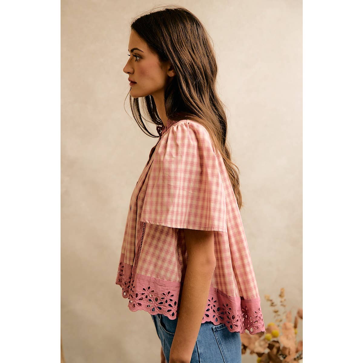 COTTON CHECK LACE TRIM FLUTTER SLEEVES BLOUSE TOP