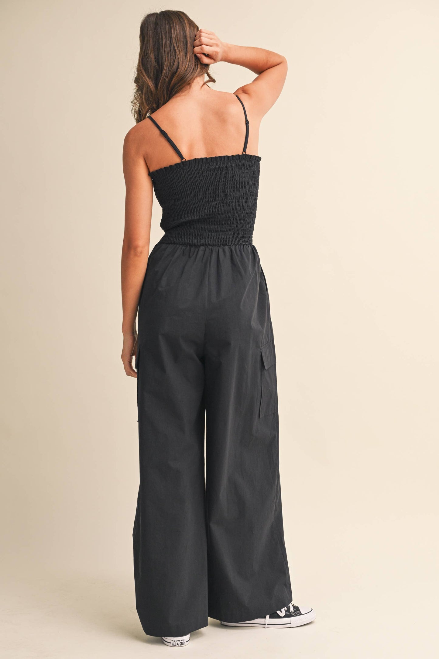 IJP3359 SMOCKED TOP WITH WIDE LEG CARGO JUMPSUIT