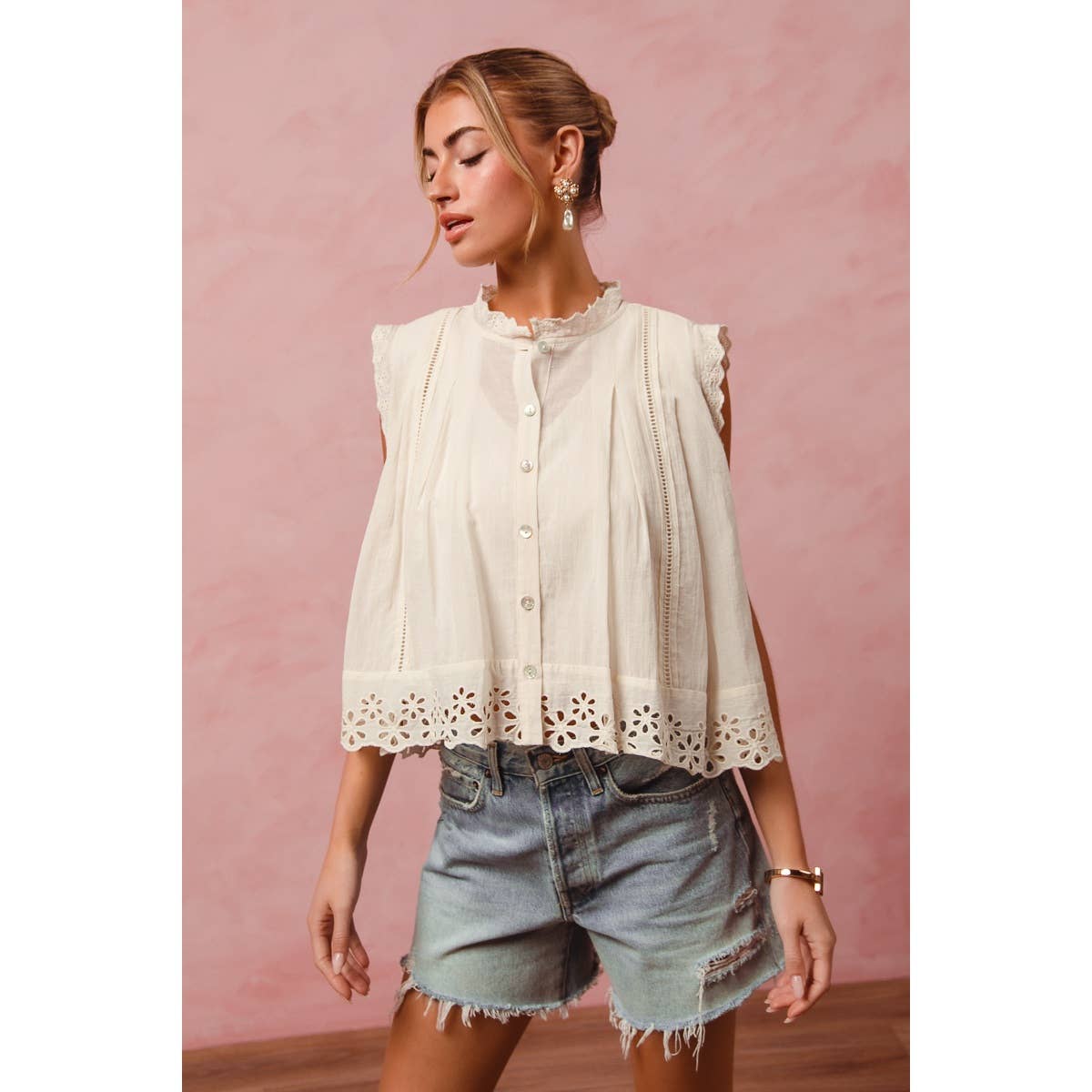 BUTTON UP FRONT PLEATED SLEEVELESS BLOUSE TOP