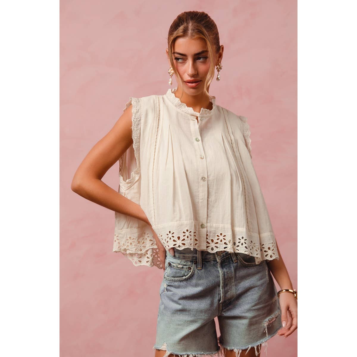 BUTTON UP FRONT PLEATED SLEEVELESS BLOUSE TOP