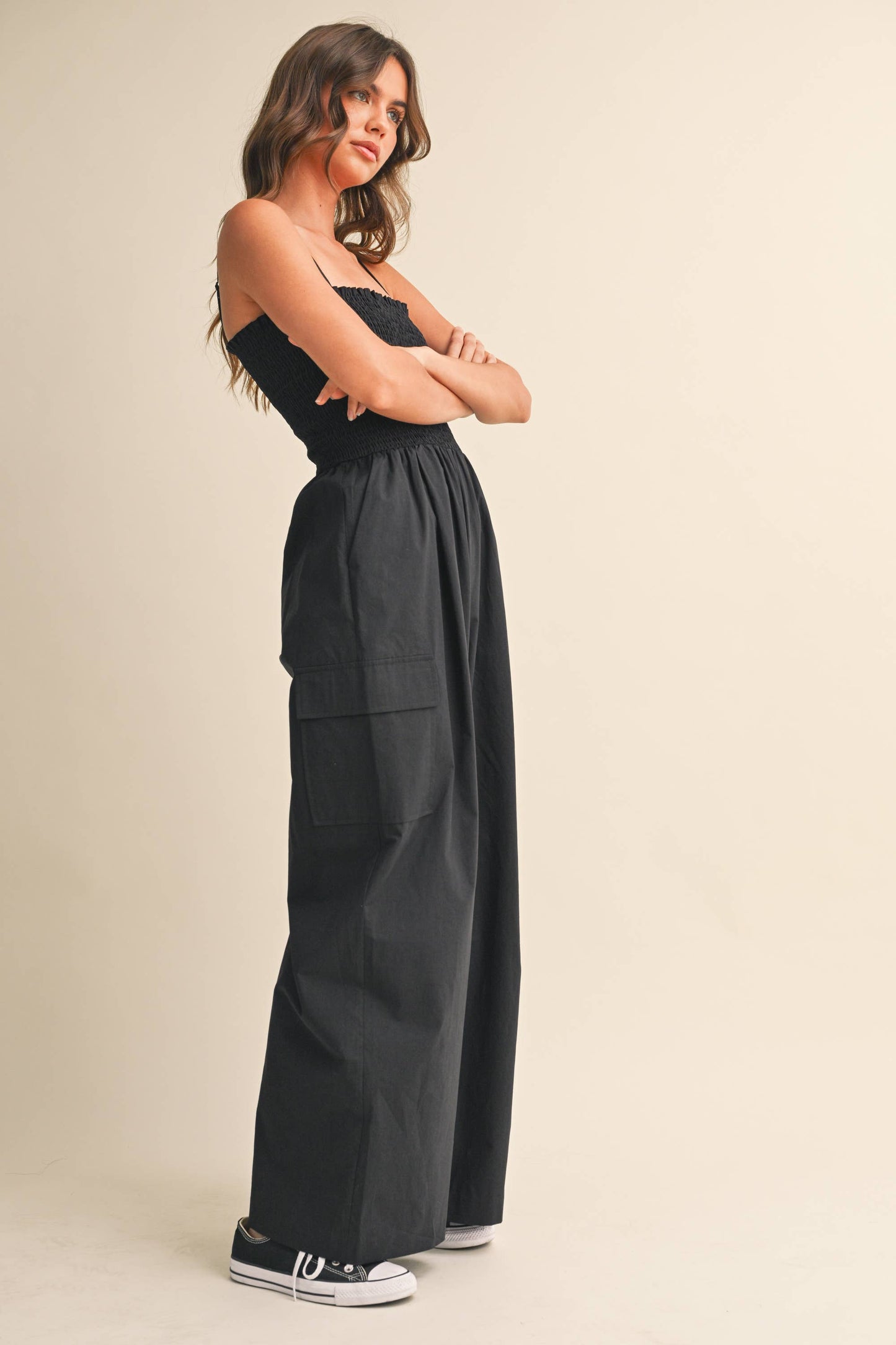 IJP3359 SMOCKED TOP WITH WIDE LEG CARGO JUMPSUIT