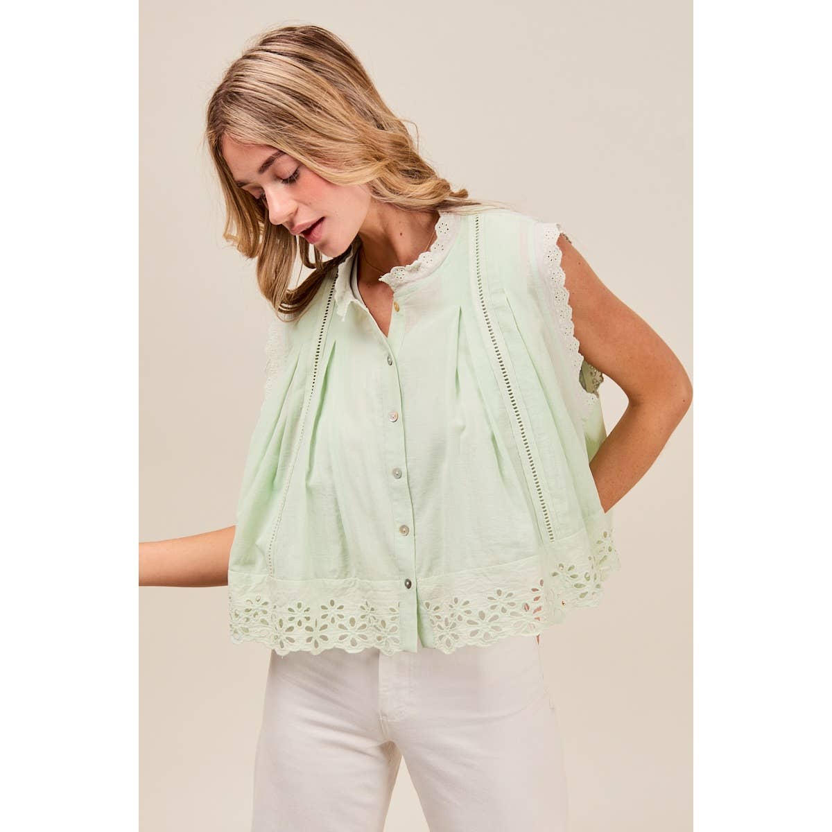 BUTTON UP FRONT PLEATED SLEEVELESS BLOUSE TOP