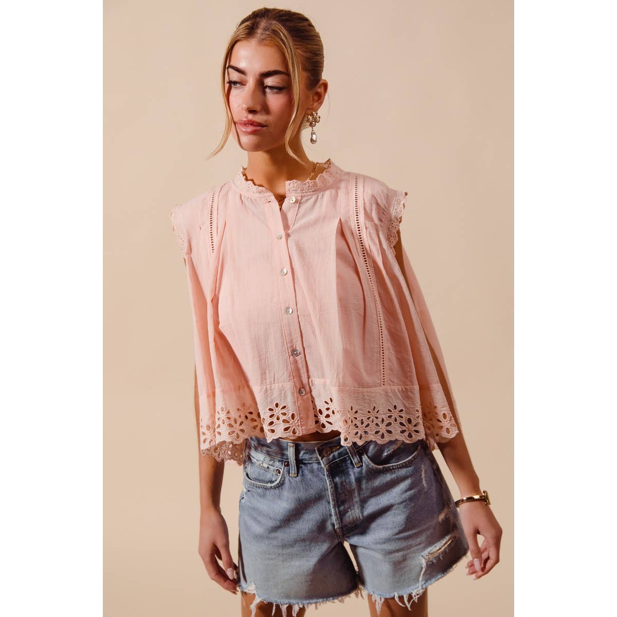 BUTTON UP FRONT PLEATED SLEEVELESS BLOUSE TOP