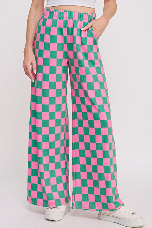 Pink/Green Checkered Wide leg Pant