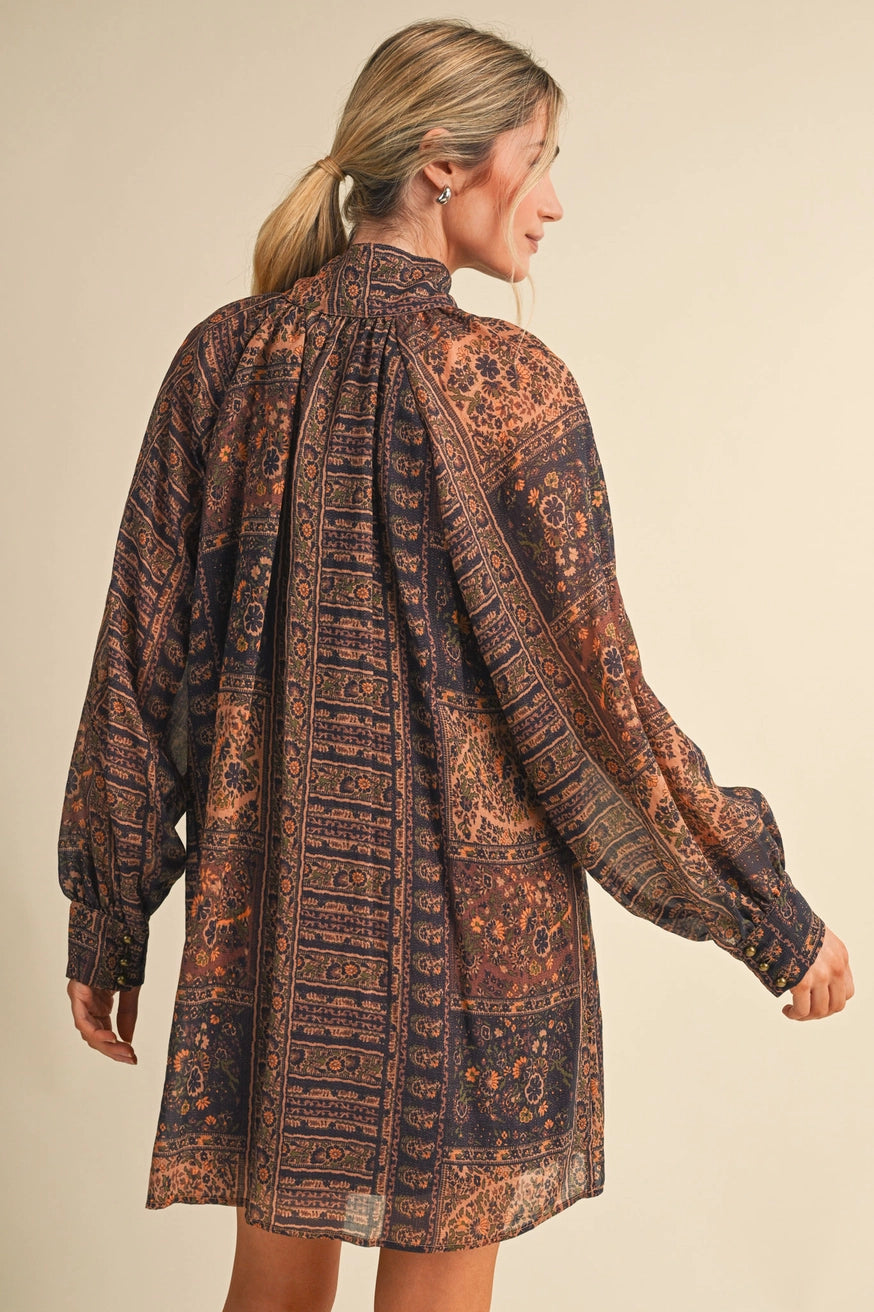 Paisley Tie-Neck Mini Dress