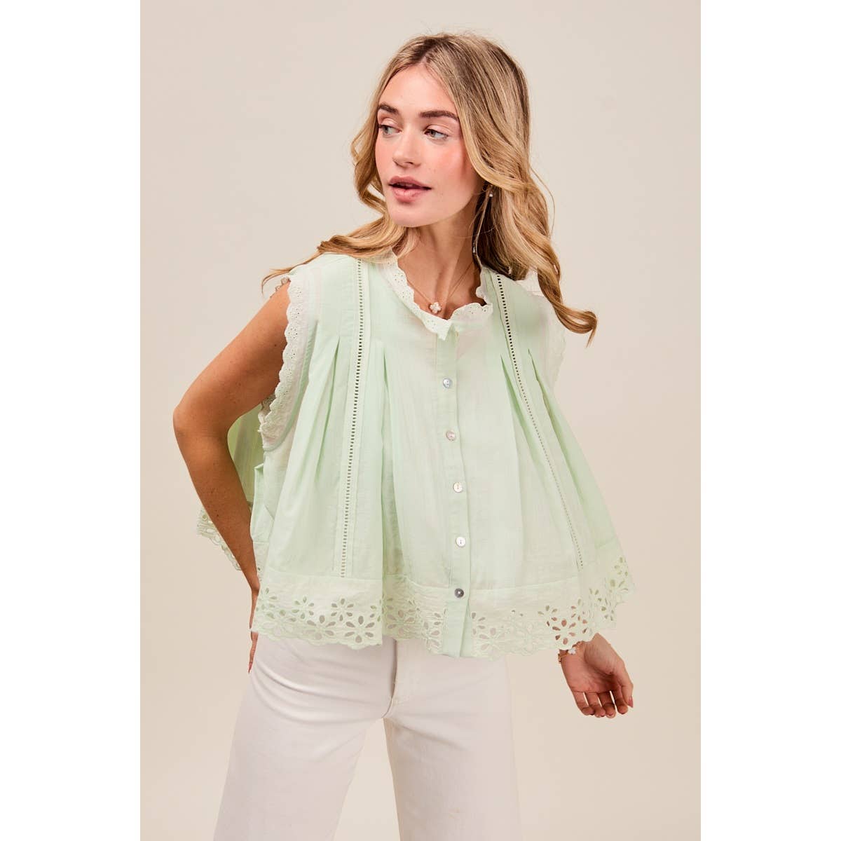BUTTON UP FRONT PLEATED SLEEVELESS BLOUSE TOP