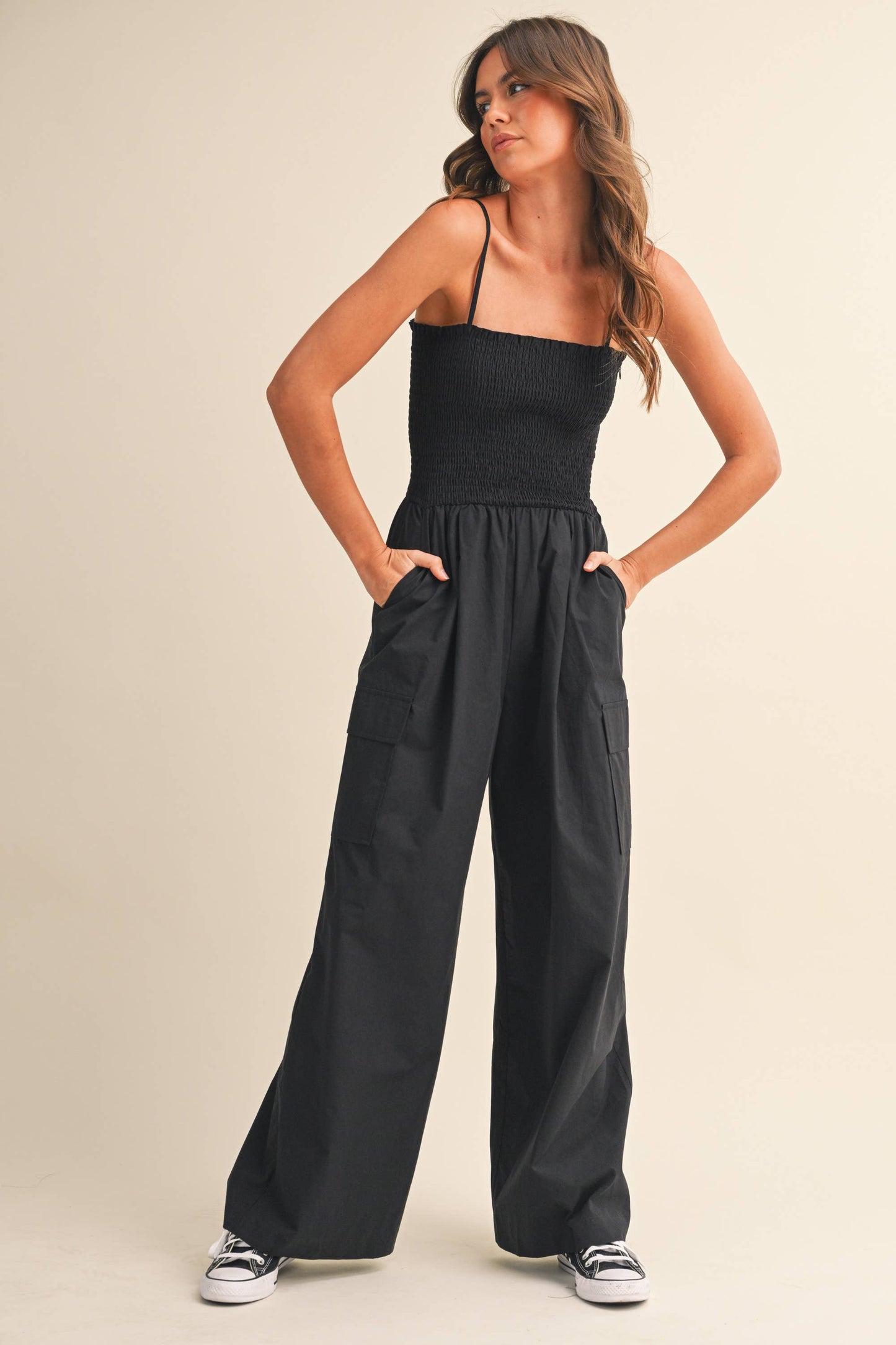 IJP3359 SMOCKED TOP WITH WIDE LEG CARGO JUMPSUIT