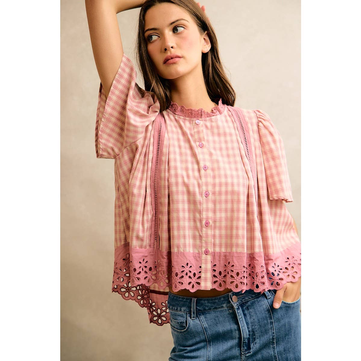COTTON CHECK LACE TRIM FLUTTER SLEEVES BLOUSE TOP
