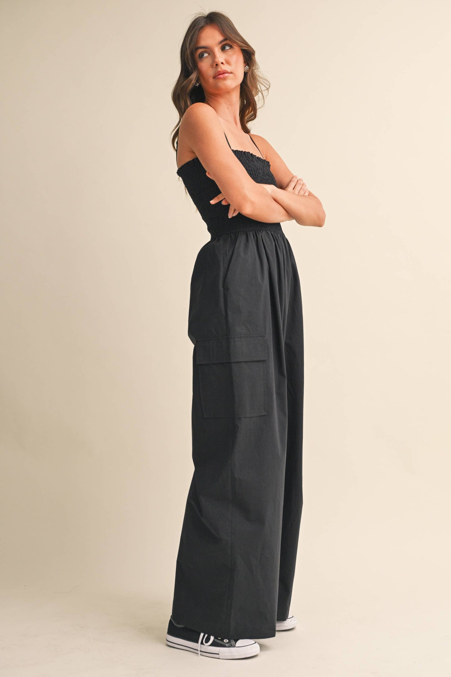 IJP3359 SMOCKED TOP WITH WIDE LEG CARGO JUMPSUIT