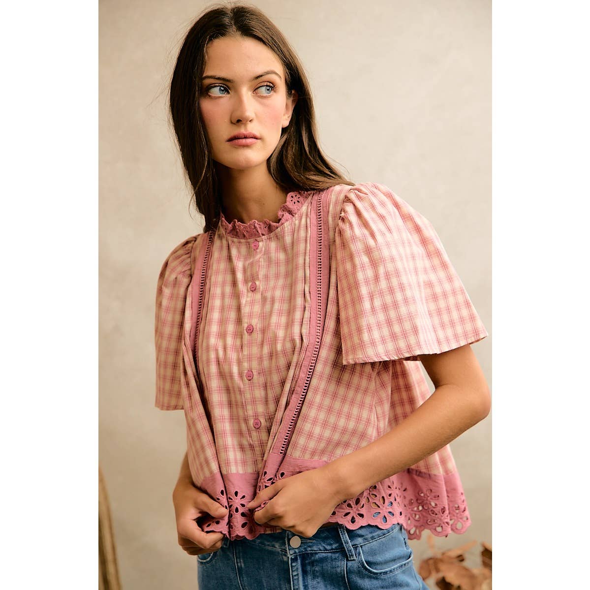 COTTON CHECK LACE TRIM FLUTTER SLEEVES BLOUSE TOP
