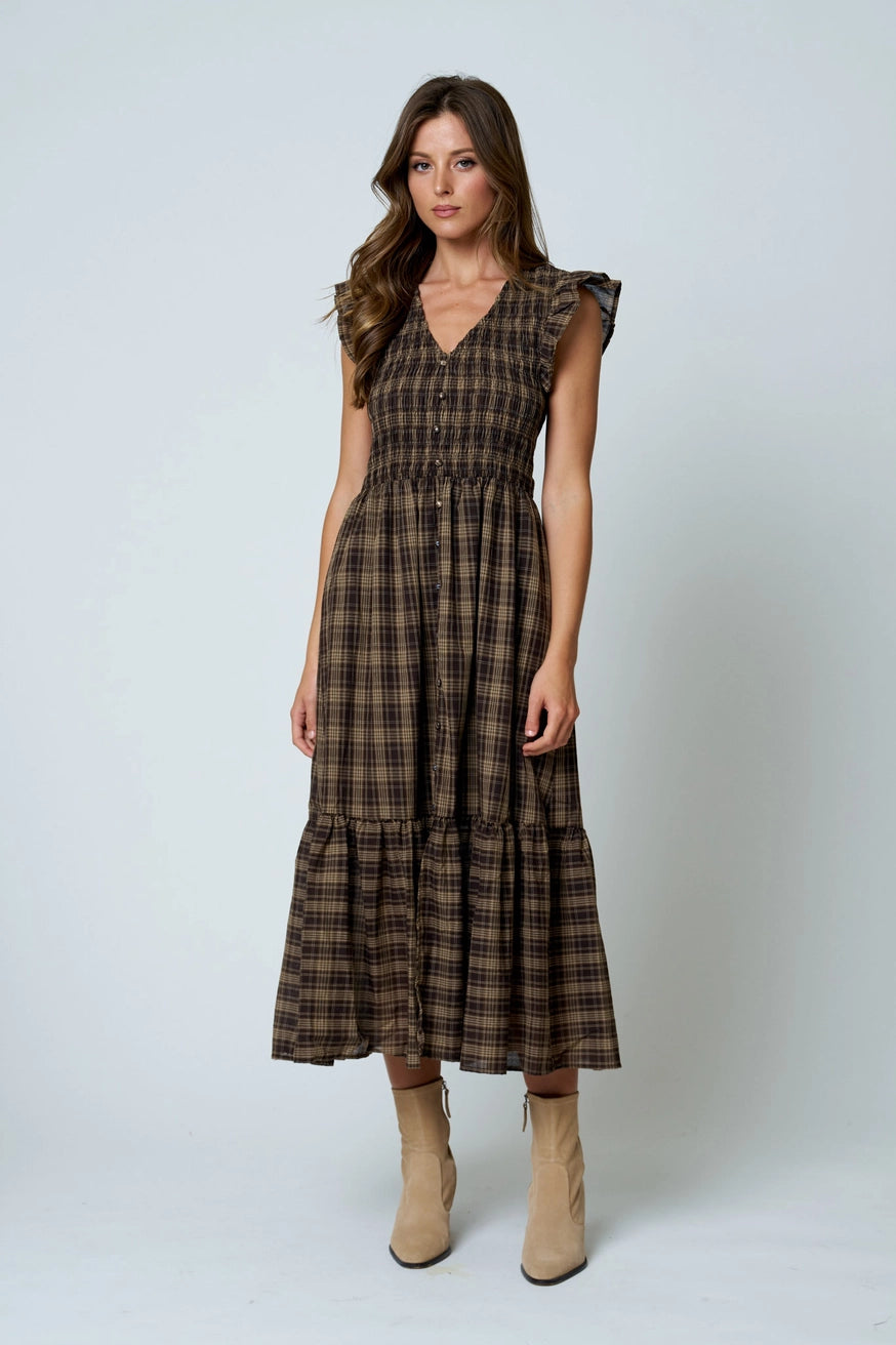 Smocked Plaid Midi Dress