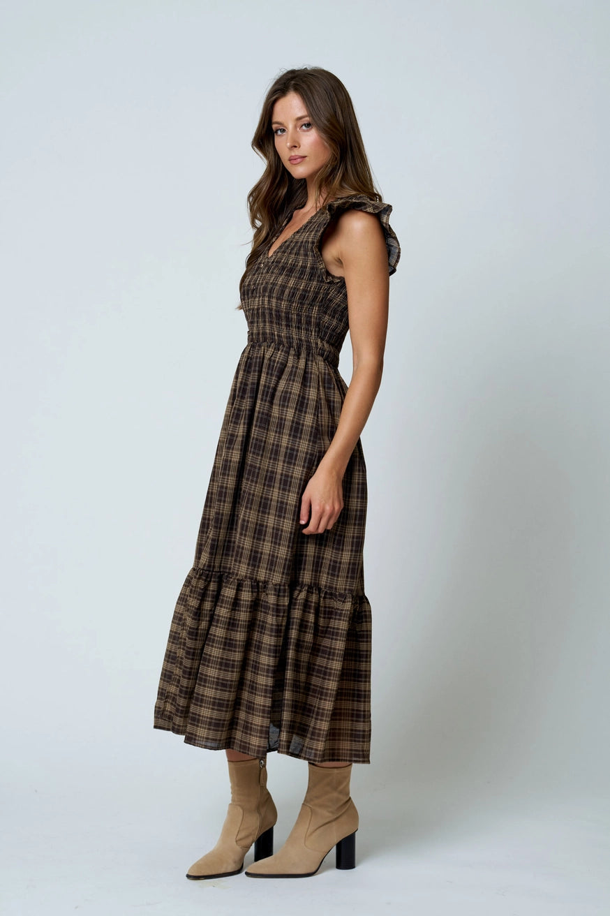 Smocked Plaid Midi Dress