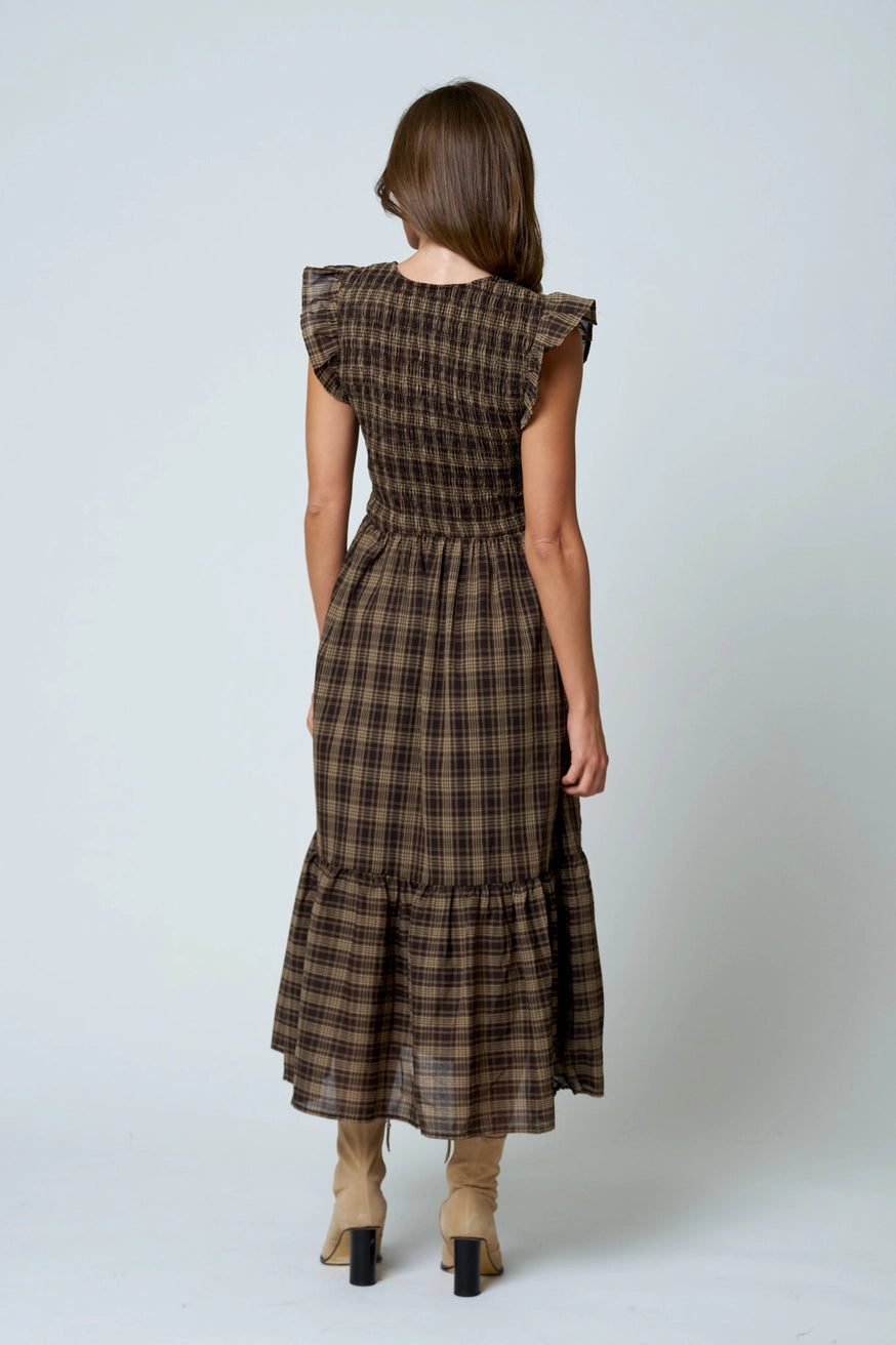 Smocked Plaid Midi Dress