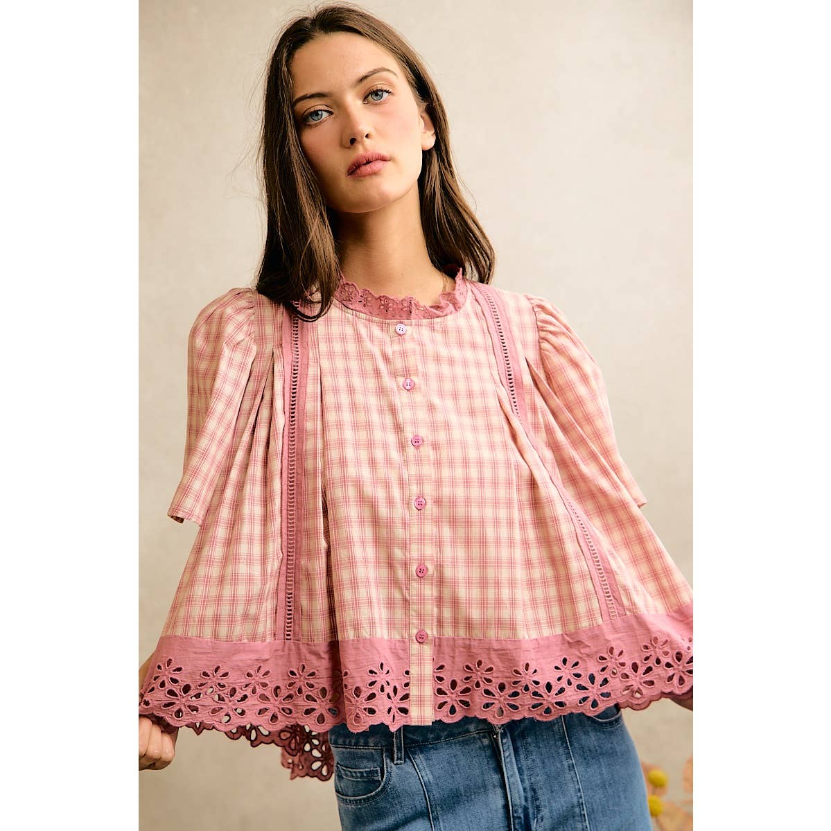 COTTON CHECK LACE TRIM FLUTTER SLEEVES BLOUSE TOP