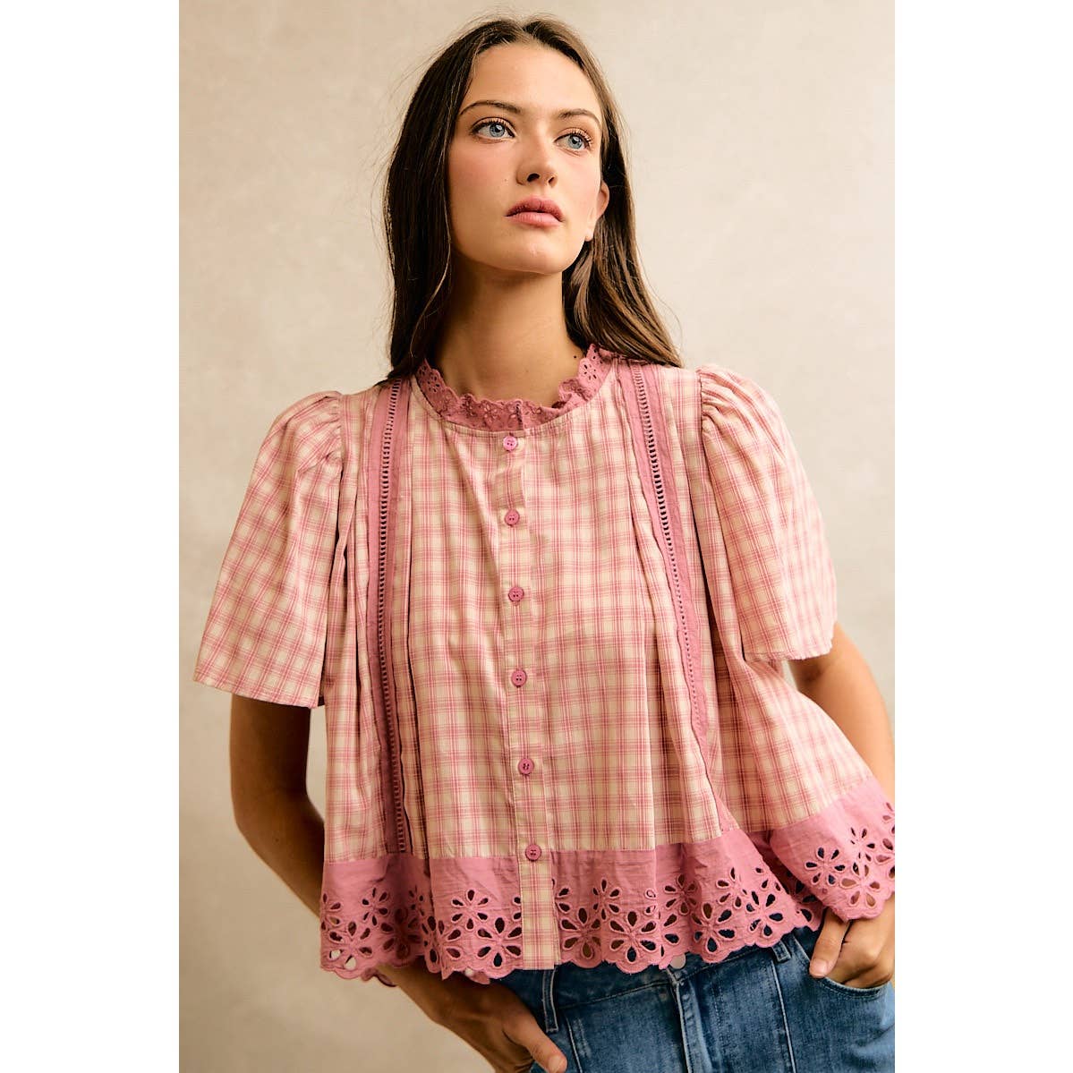 COTTON CHECK LACE TRIM FLUTTER SLEEVES BLOUSE TOP