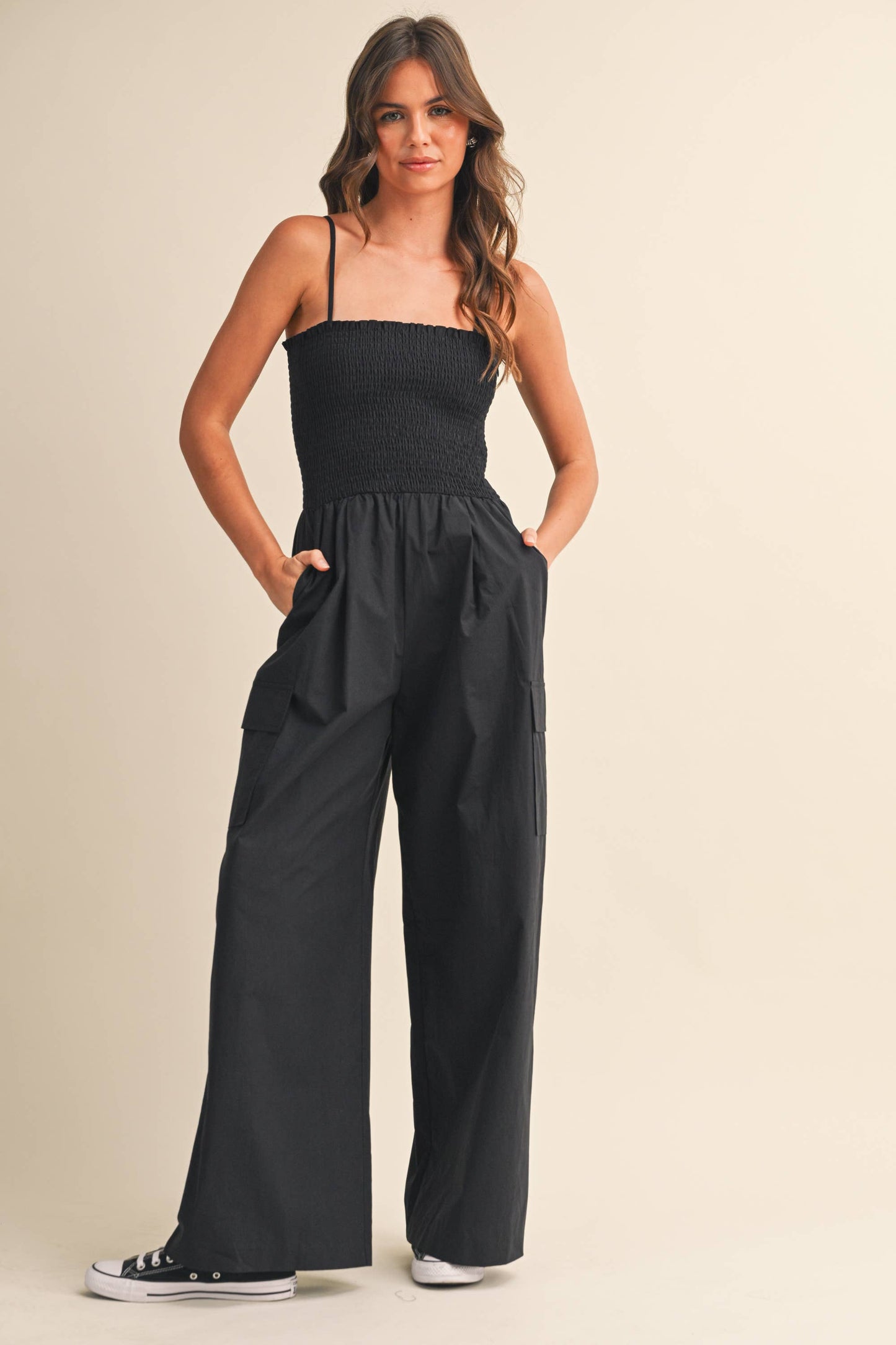 IJP3359 SMOCKED TOP WITH WIDE LEG CARGO JUMPSUIT