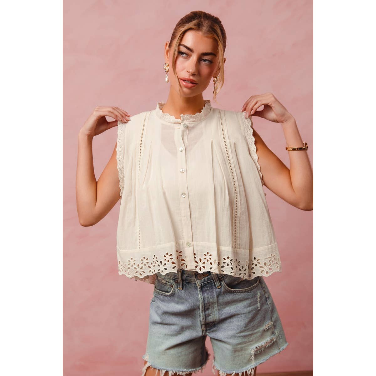 BUTTON UP FRONT PLEATED SLEEVELESS BLOUSE TOP