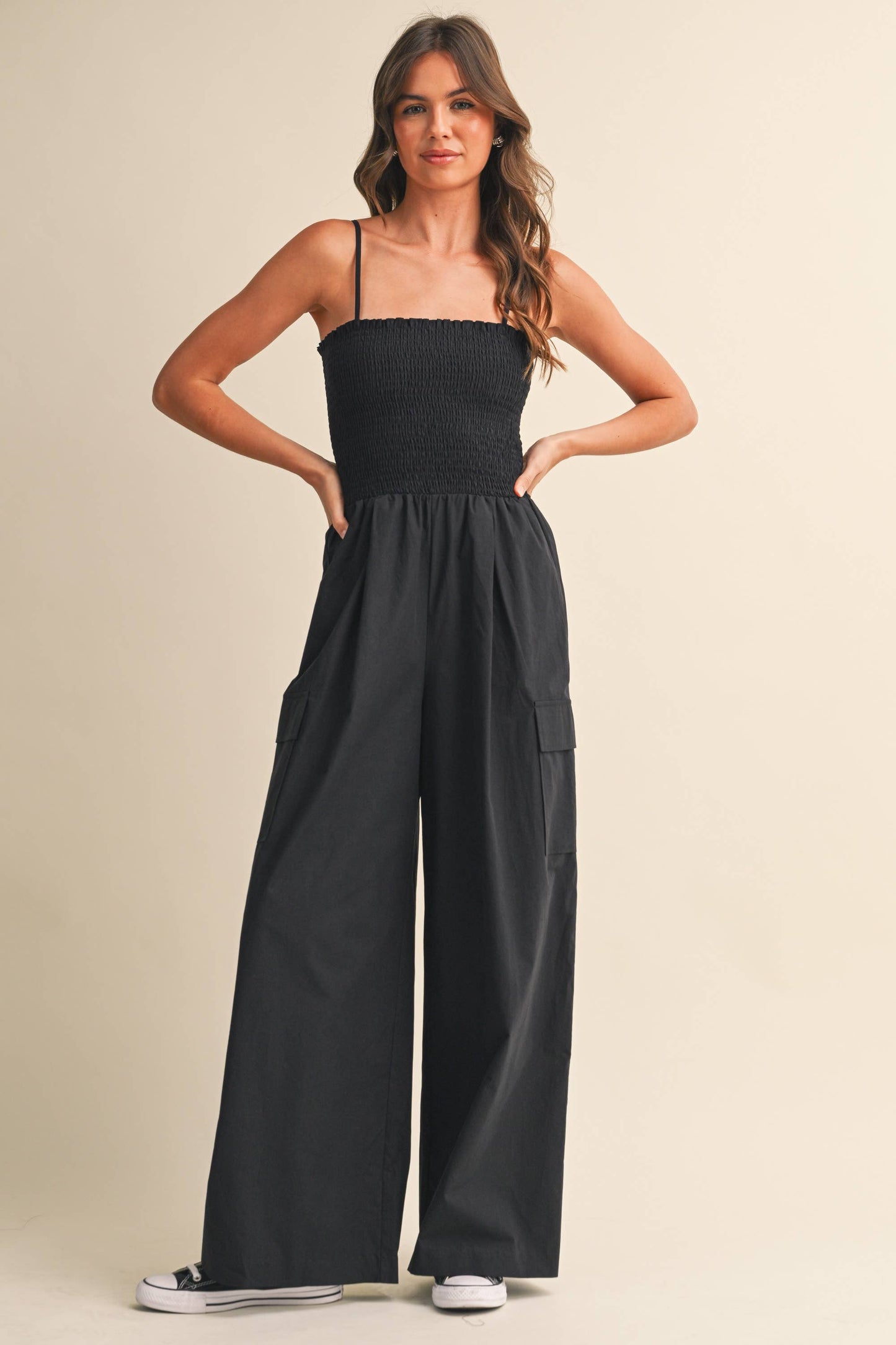 IJP3359 SMOCKED TOP WITH WIDE LEG CARGO JUMPSUIT