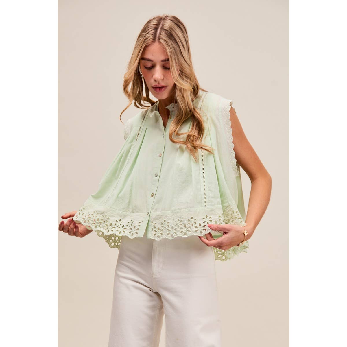 BUTTON UP FRONT PLEATED SLEEVELESS BLOUSE TOP