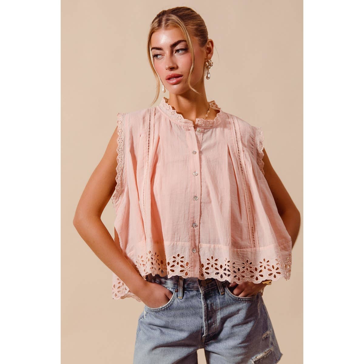 BUTTON UP FRONT PLEATED SLEEVELESS BLOUSE TOP