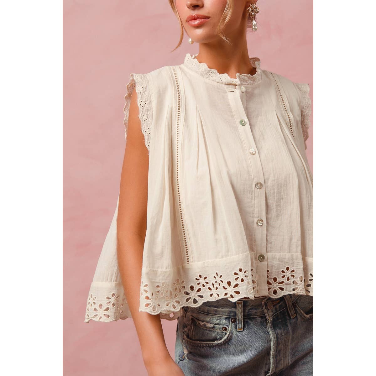 BUTTON UP FRONT PLEATED SLEEVELESS BLOUSE TOP