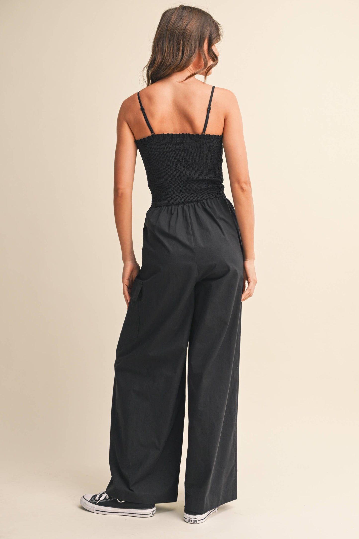 IJP3359 SMOCKED TOP WITH WIDE LEG CARGO JUMPSUIT