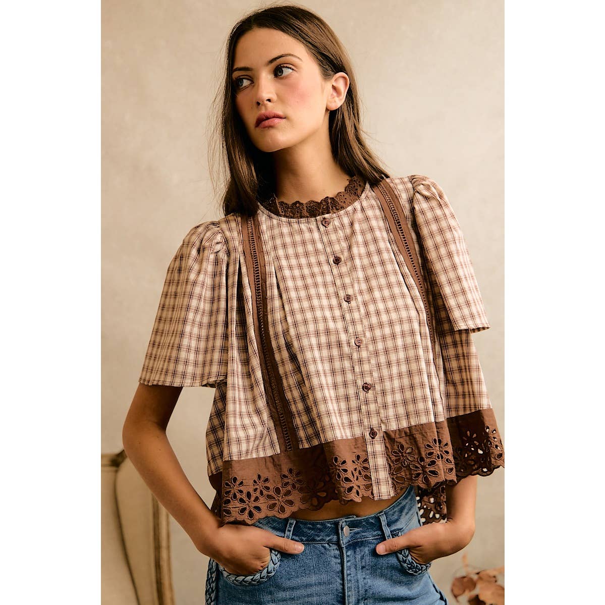 COTTON CHECK LACE TRIM FLUTTER SLEEVES BLOUSE TOP