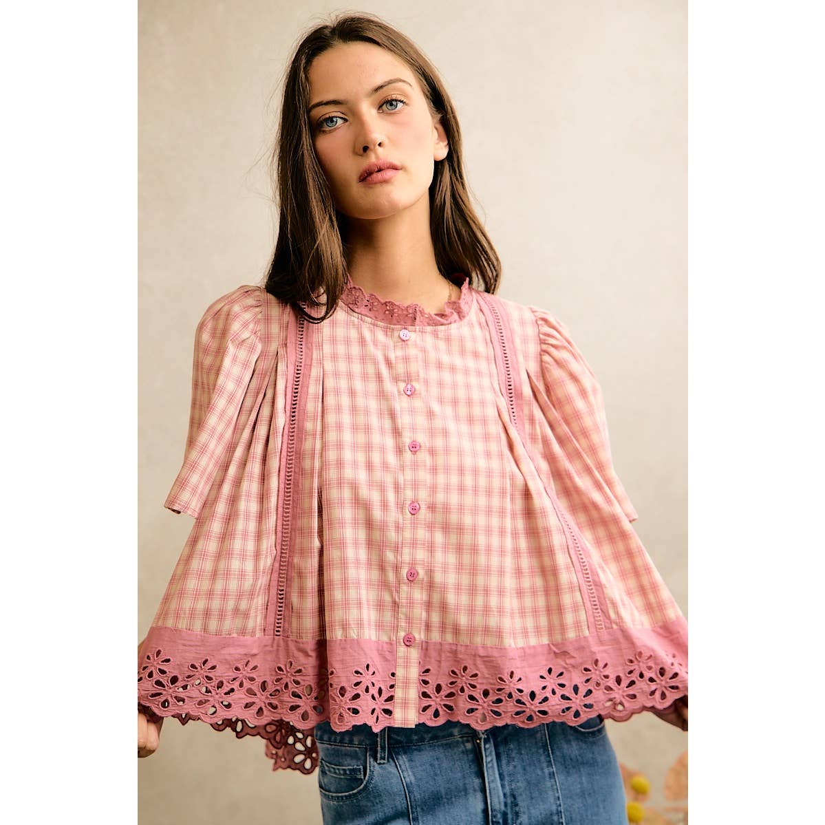 COTTON CHECK LACE TRIM FLUTTER SLEEVES BLOUSE TOP