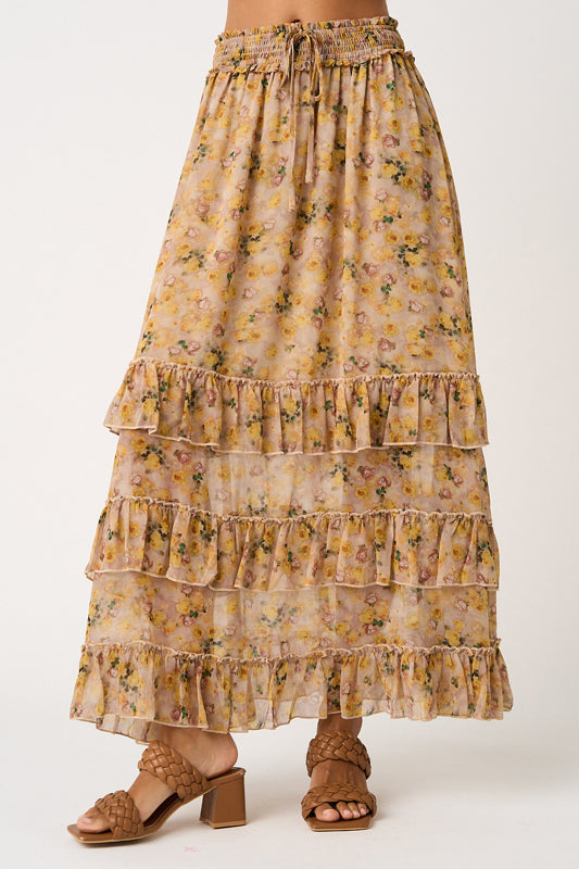 Fall Floral Ruffle Maxi Skirt