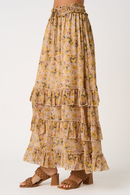 Fall Floral Ruffle Maxi Skirt