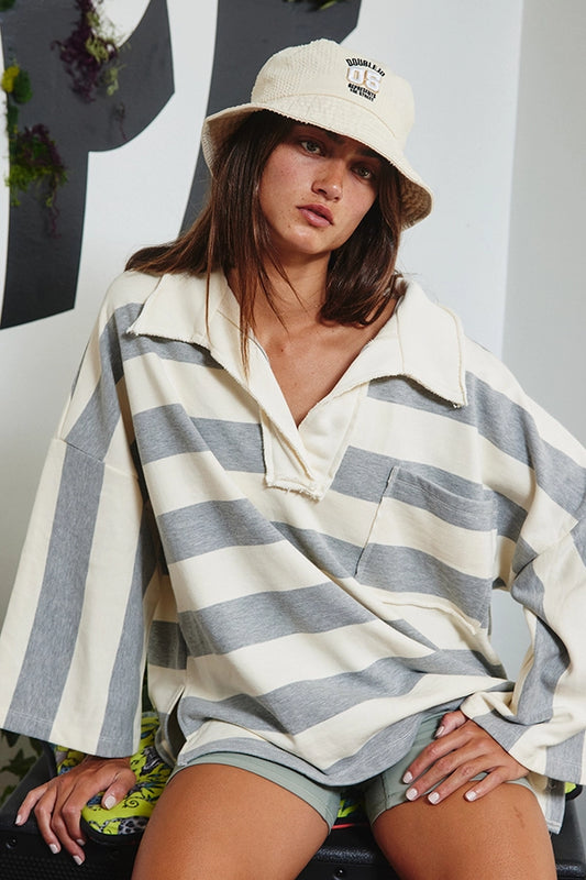 Grey Stripe Oversized Polo Top