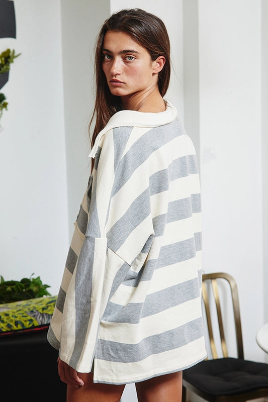 Grey Stripe Oversized Polo Top