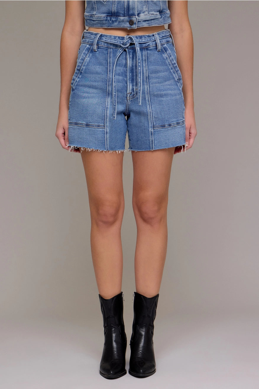 Tie-Waist Utility Denim Shorts