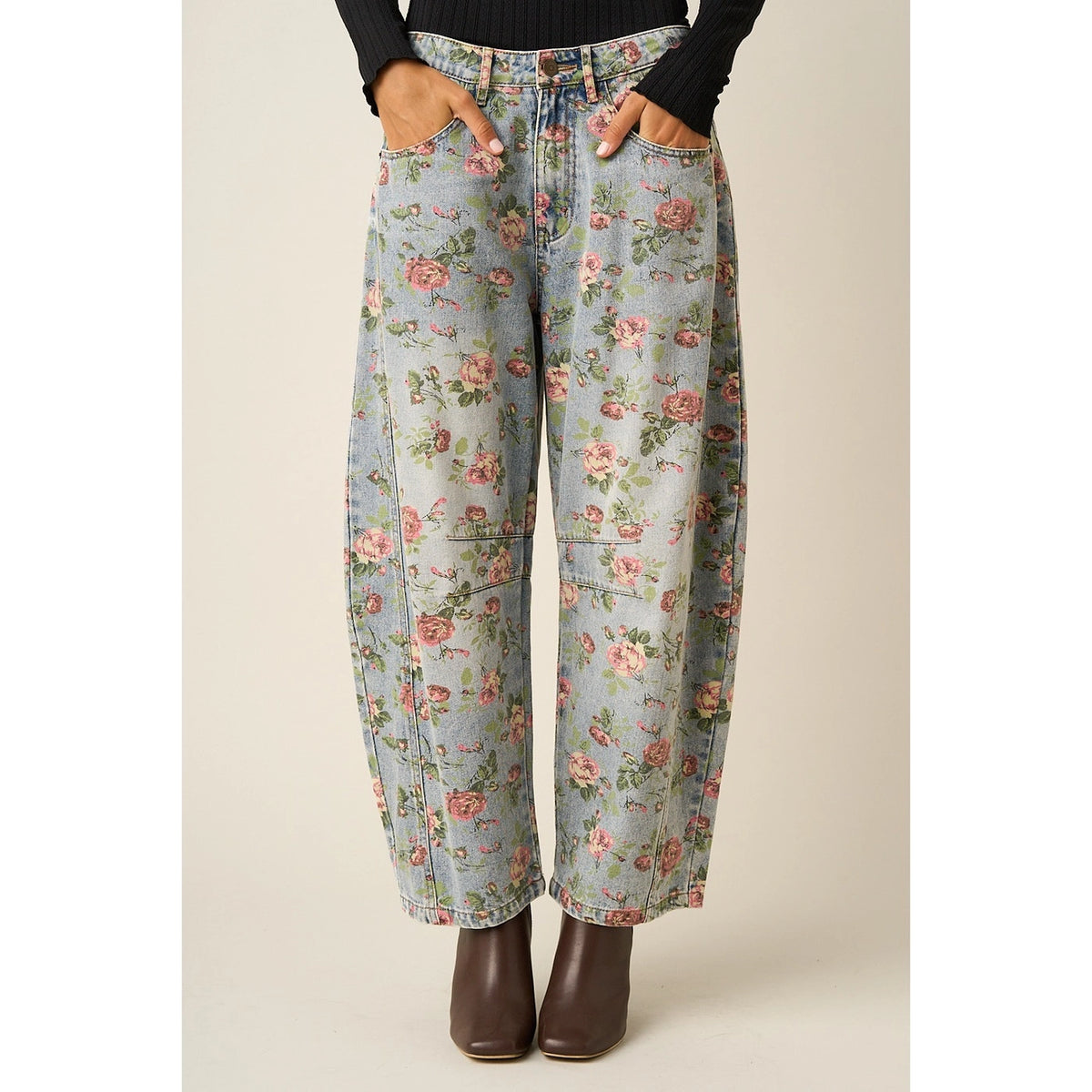 Floral Print Barrel Jeans