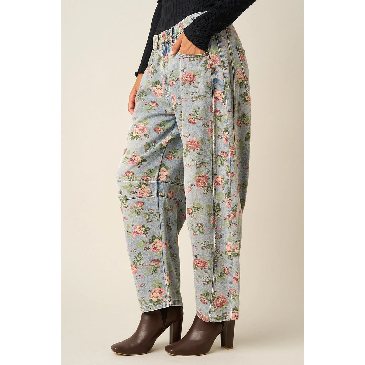 Floral Print Barrel Jeans